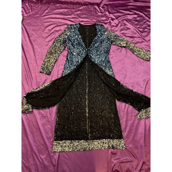 Alexia Admor dressy Blue Silver Ombré sequined DUSTER wrap Jacket cardigan Large - Picture 14 of 15